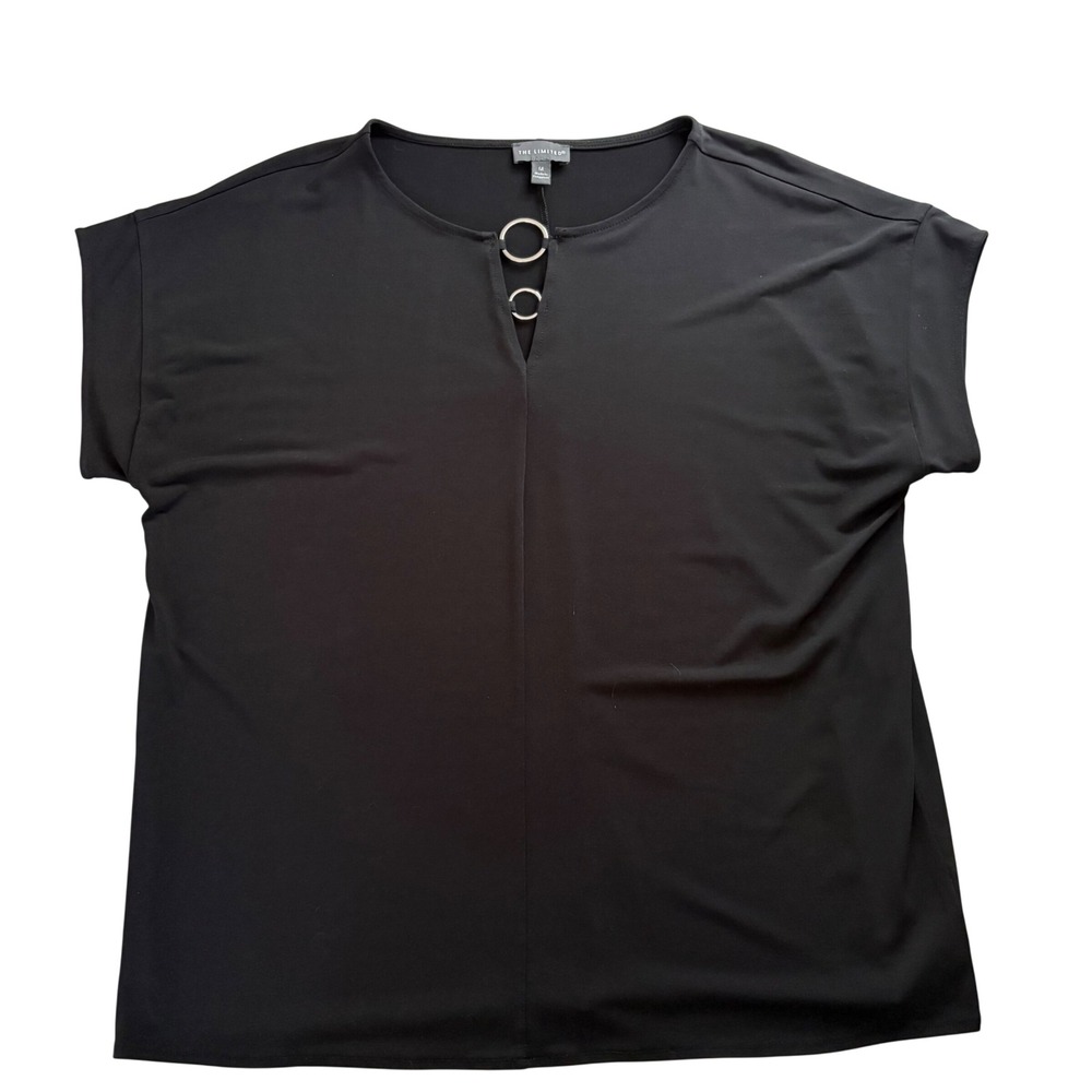 The Limited Black O-Ring Split Neck Short Sleeve Blouse Top Med Office Casual